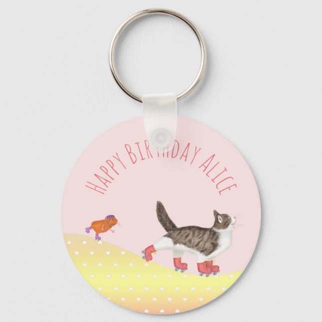 Rollerskating pets party favour key ring (Front)