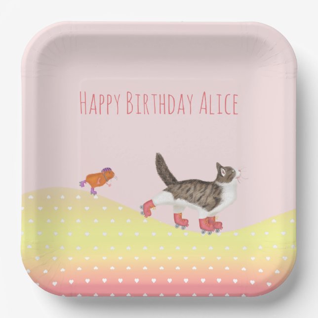 Rollerskating pets square paper party plate (Front)