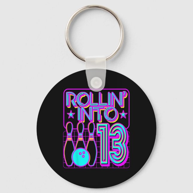 Rollin Into 13 Bowling Bowler 13th Birthday Party  Key Ring (Front)