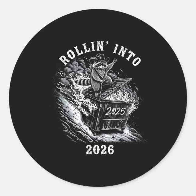 Rollin' Into 2026 Funny Cowboy Raccoon Happy New Y Classic Round Sticker (Front)