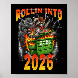 Rollin Into 2026 New Year 2026 Raccoon Cowboy Vint Poster