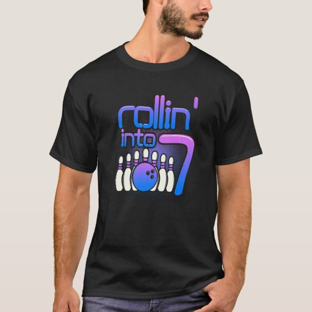 Rollin Into 7 Bowling 7th Bowling Birthday Party   T-Shirt (Front)
