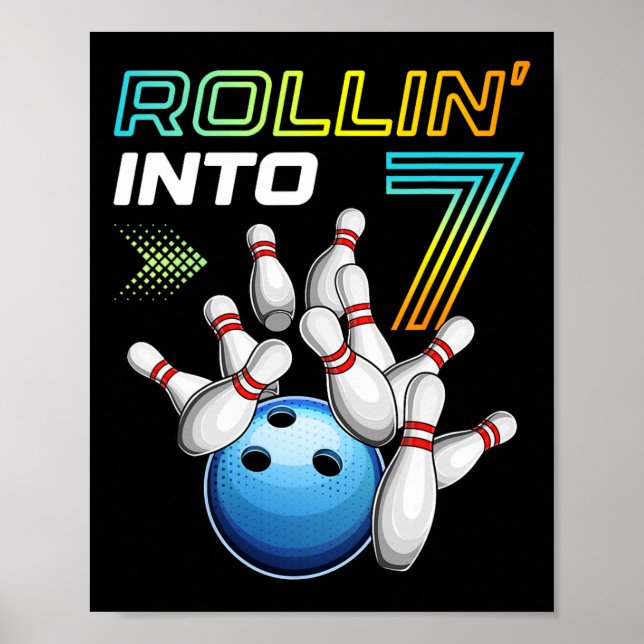 Rollin Into 7 Retro Bowling Birthday Party 7th Bir Poster (Front)