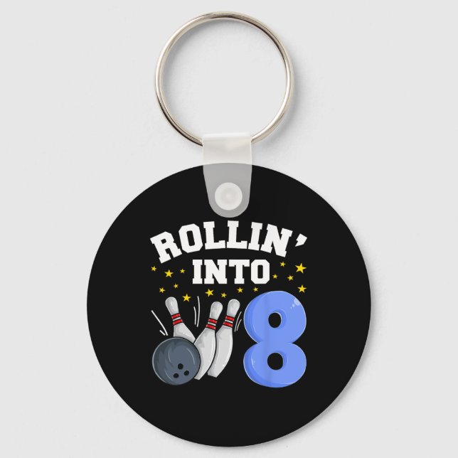 Rollin’ Into 8 Birthday Boy Bowling 8th Birthday P Key Ring (Front)