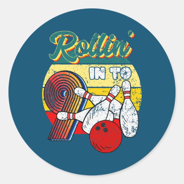 Rollin into 9 Bowling Birthday Party 9th Birthday Classic Round Sticker (Front)