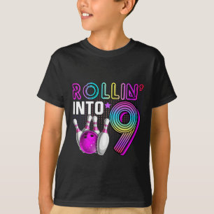 Rollin Into 9 Bowling Birthday Party 9th Birthday  T-Shirt