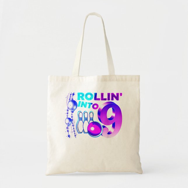Rollin into 9 Bowling Birthday Party 9th Birthday  Tote Bag (Front)