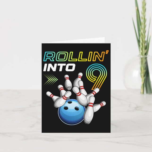 Rollin Into 9 Retro Bowling Birthday Party 9th Bir Card (Front)