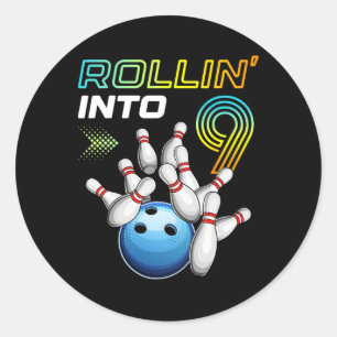 Rollin Into 9 Retro Bowling Birthday Party 9th Bir Classic Round Sticker