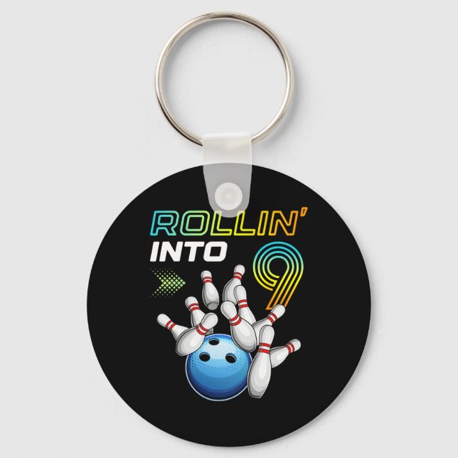 Rollin Into 9 Retro Bowling Birthday Party 9th Bir Key Ring (Front)