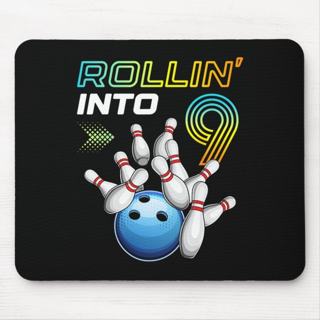 Rollin Into 9 Retro Bowling Birthday Party 9th Bir Mouse Mat (Front)