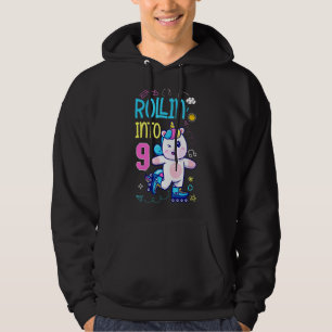 Rollin' Into 9 Unicorn Roller Skating 9th Birthday Hoodie