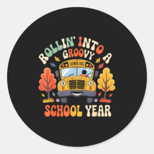 Rollin Into A Groovy School Year Retro School Bus  Classic Round Sticker