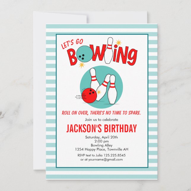 Rolling Bowling Birthday Invitation teal red (Front)