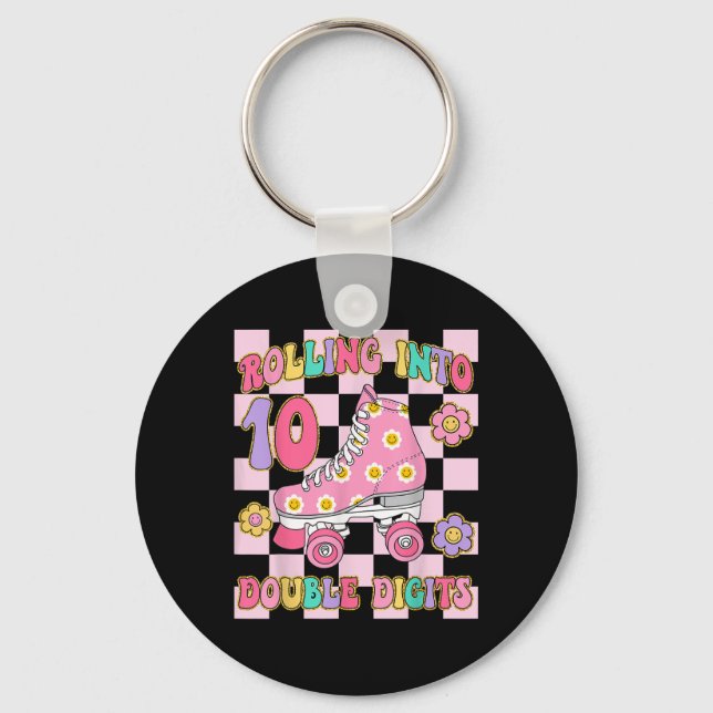 Rolling Into 10 Double Digits 10th Birthday Roller Key Ring (Front)