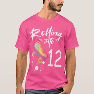 Rolling Into 12 Backprint Roller Skating Birthday T-Shirt