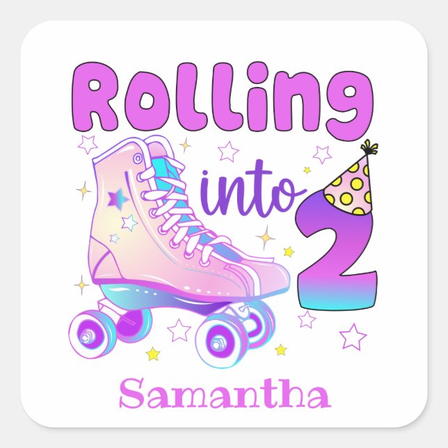 Rolling Into 2| Roller Skater Birthday Celebration Square Sticker (Front)