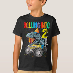 Rolling Into 2nd Birthday Monster Truck Dinosaur T-Shirt