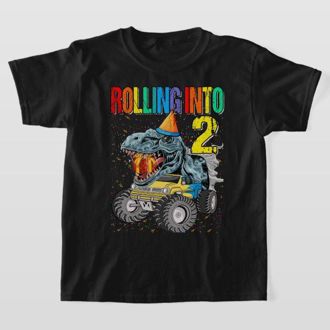 Rolling Into 2nd Birthday Monster Truck Dinosaur T-Shirt (Laydown)