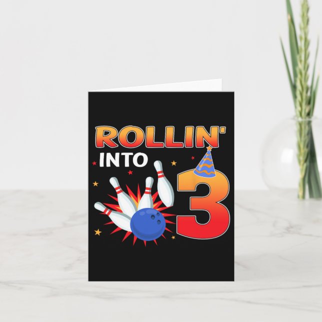 Rolling Into 3 Years Old Birthday Bowling Kids Par Card (Front)