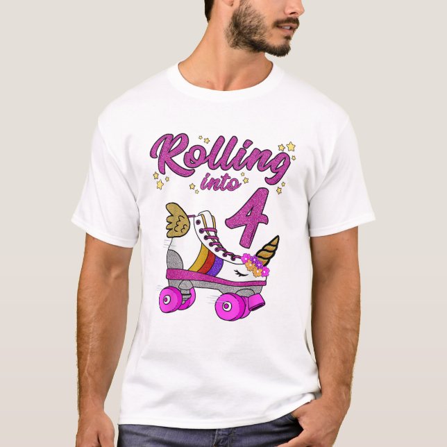 Rolling into 4th Birthday Shirt Unicorn Roller Ska (Front)