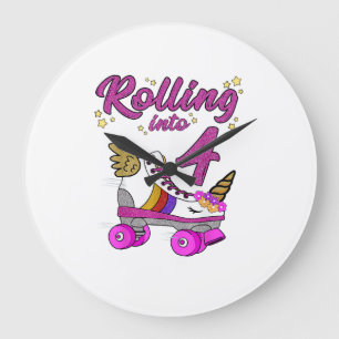 Rolling into 4th Birthday Shirt Unicorn Roller Ska Large Clock