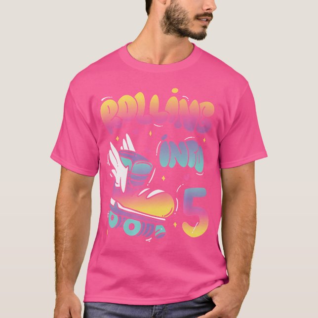 Rolling Into 5 Backprint Roller Skating Birthday T-Shirt (Front)