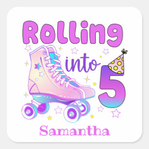 Rolling Into 5 - Cute Purple Roller Skate Birthday Square Sticker
