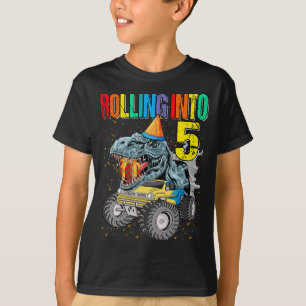 Rolling Into 5th Birthday Monster Truck Dinosaur T-Shirt