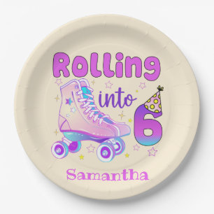 Rolling Into 6 - Cute Purple Roller Skate Birthday Paper Plate