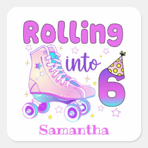 Rolling Into 6 - Cute Purple Roller Skate Birthday Square Sticker