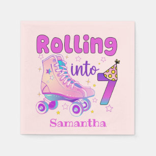 Rolling Into 7 Roller Skater Birthday Celebration Napkin