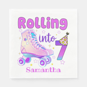 Rolling Into 7 Roller Skater Birthday Celebration Napkin