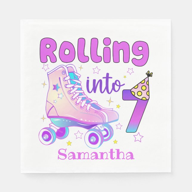 Rolling Into 7| Roller Skater Birthday Celebration Napkin (Front)