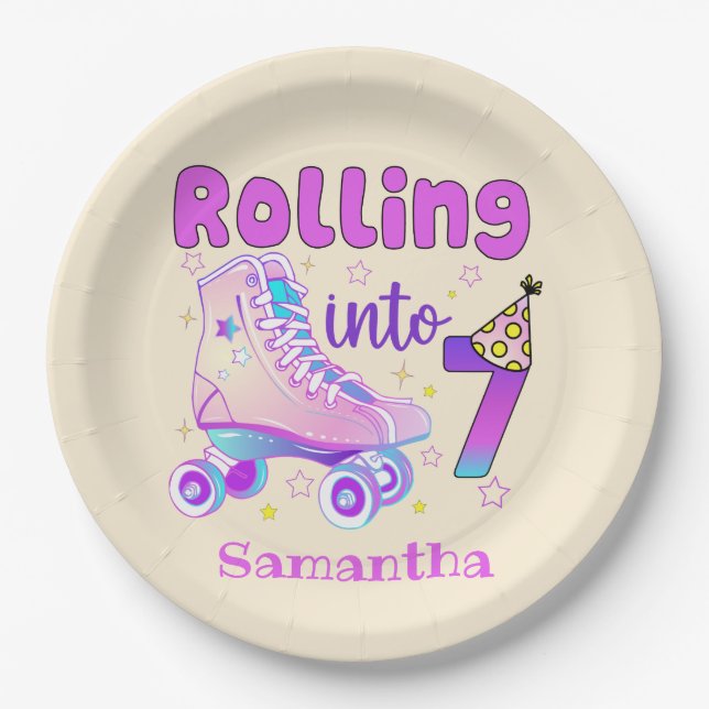 Rolling Into 7| Roller Skater Birthday Celebration Paper Plate (Front)