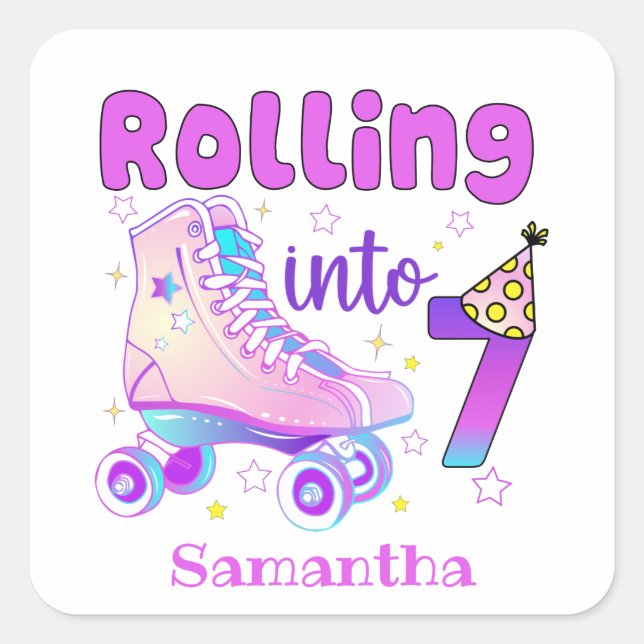 Rolling Into 7| Roller Skater Birthday Celebration Square Sticker (Front)