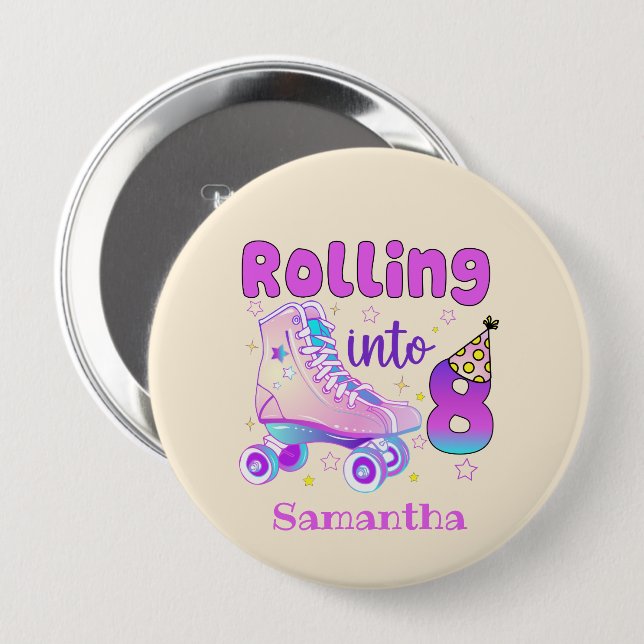 Rolling Into 8| Roller Skater Birthday Celebration 10 Cm Round Badge (Front & Back)