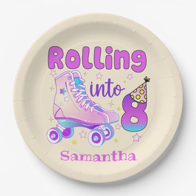 Rolling Into 8| Roller Skater Birthday Celebration Paper Plate (Front)