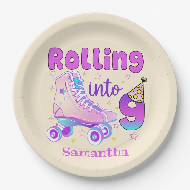 Rolling Into 9| Roller Skater Birthday Celebration Paper Plate (Front)