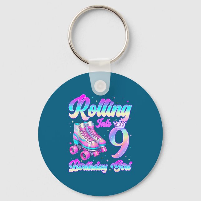 Rolling Into 9 Year Old Roller Skating 9th Birthda Key Ring (Front)