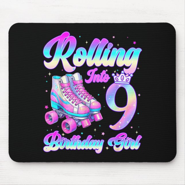 Rolling Into 9 Year Old Roller Skating 9th Birthda Mouse Mat (Front)