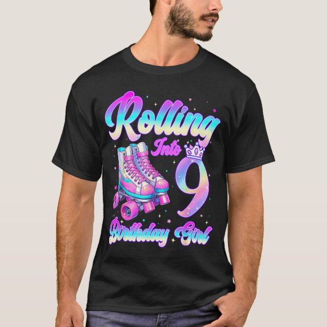 Rolling Into 9 Year Old Roller Skating 9th Birthda T-Shirt (Front)