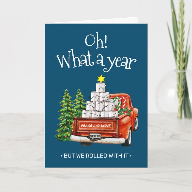 Rolling into Festivity Red Truck Toilet Paper Tree Holiday Card (Front)