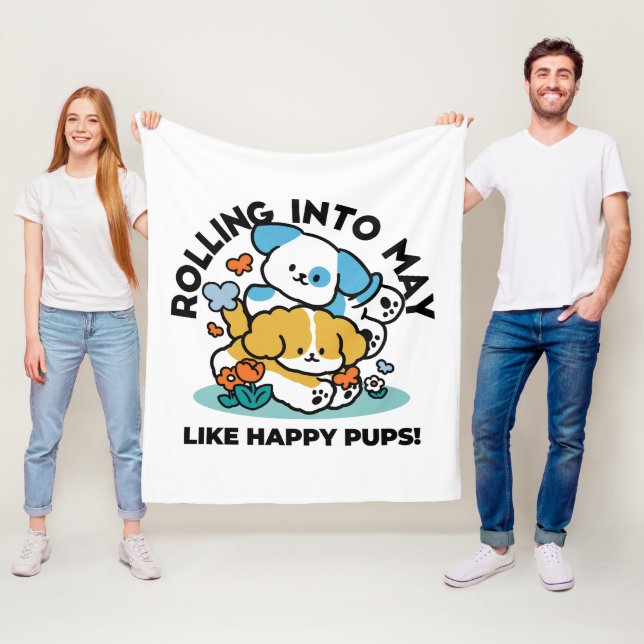 Rolling Into May Like Happy Pups – Cute Spring Dog Fleece Blanket (In Situ)