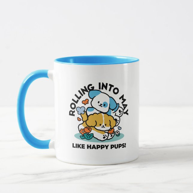 Rolling Into May Like Happy Pups – Cute Spring Dog Mug (Left)