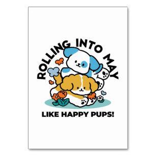 Rolling Into May Like Happy Pups – Cute Spring Dog Table Number