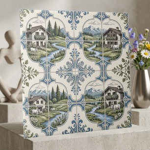 Rolling Meadow Grazing Cow Rustic Mountain Collage Tile