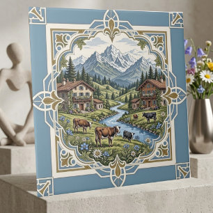 Rolling Meadows Grazing Cow Rustic Chalet Mountain Tile