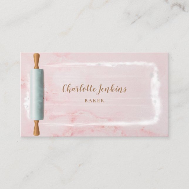 Rolling Pin Baker Patisserie Elegant Pink Marble Business Card (Front)