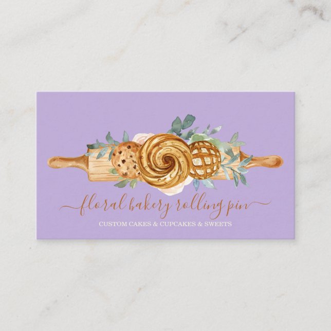Rolling Pin Bakery Cakes Sweets Cookie purple Business Card (Front)